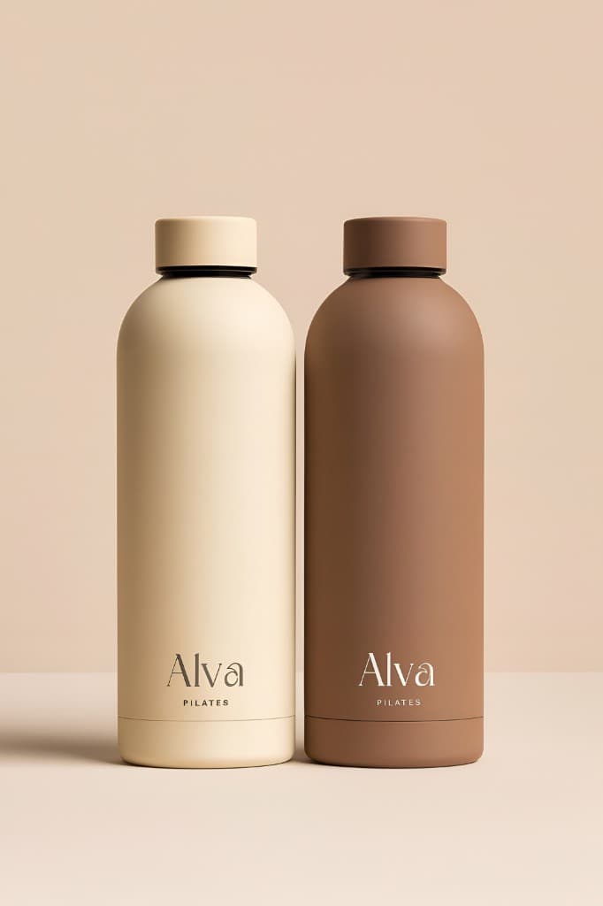 Alva Pilates branded water bottles — cream and terracotta on a warm neutral backdrop